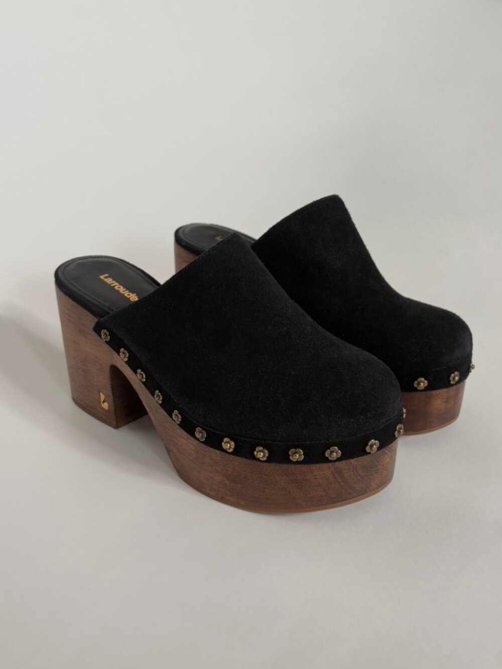 Larroude Miso Wooden Platform Clog In Black Suede - Picture 7 of 7
